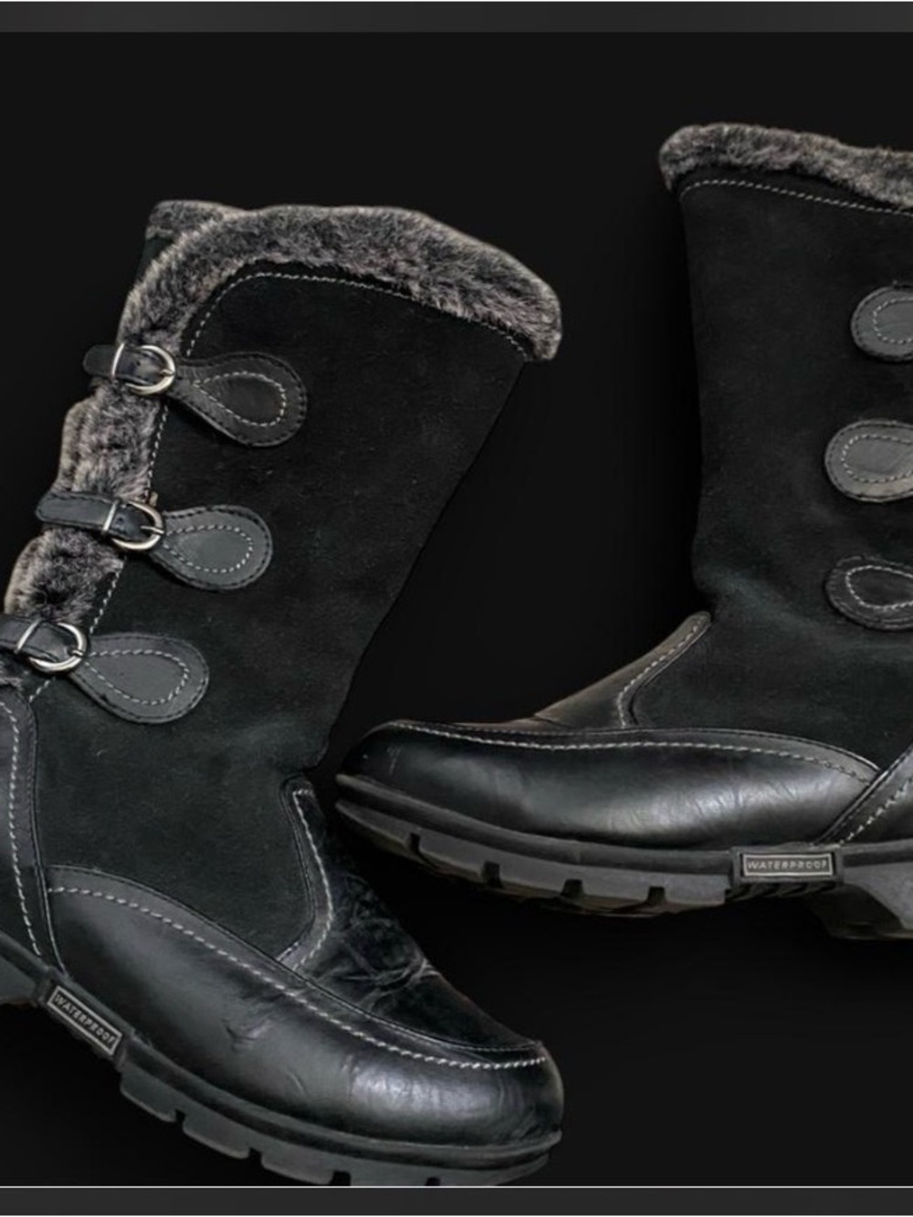 Women’s Black Waterproof Winter Boots with Fur-Trim and Buckle Detail